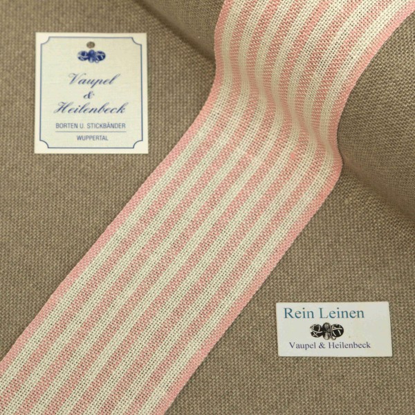 Leinenband 55 mm, 11-fädig, gestreift, Farbe 211, gebleicht - rose