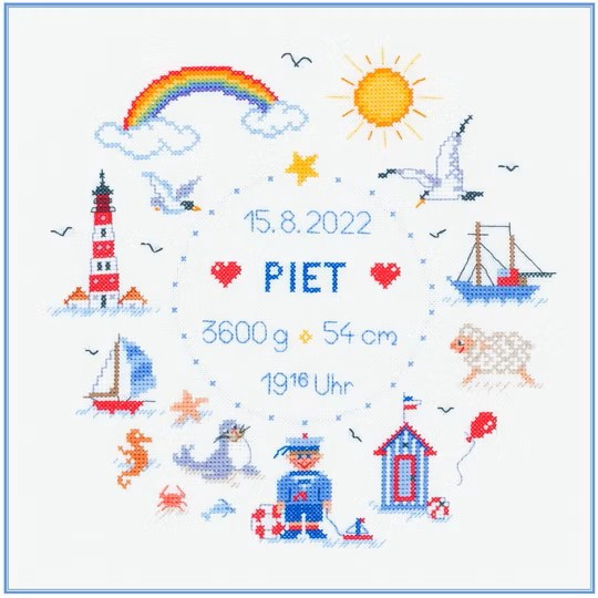 Stickizz Kreuzstich Geburtsbild maritim