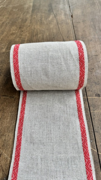 Leinenband mit Jacquardrand, 11-fädig, 150 mm, natur mit rot