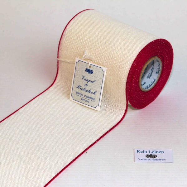 Leinenband 100 mm, 11-fädig, Farbe 230, gebleicht - Rand dunkelrot